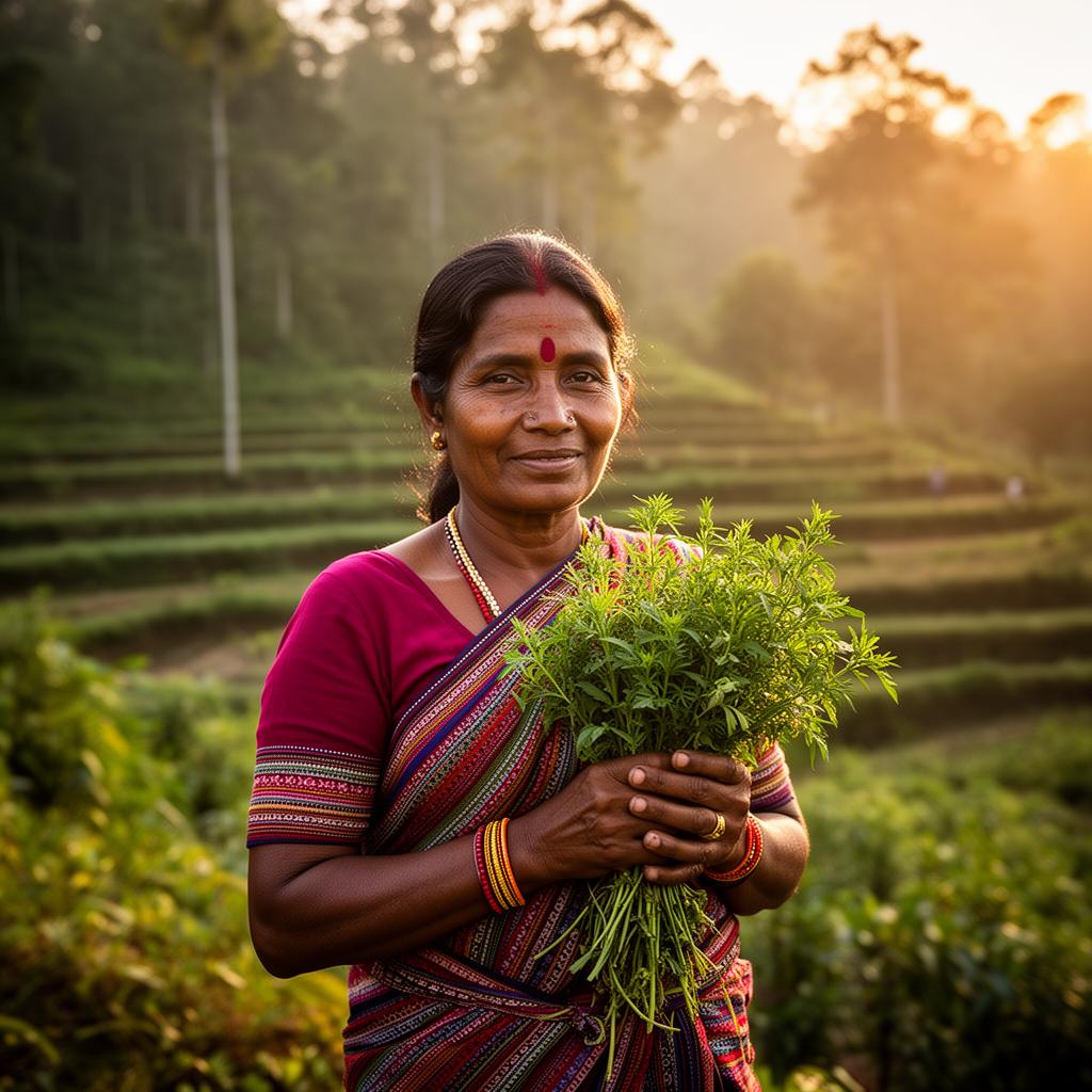 Tribal woman farmer holding freshly harvested aromatic herbs on a terraced forest farm